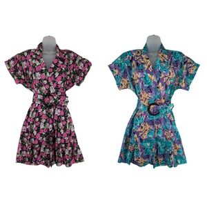 2 VTG Rompers 80s Floral Rayon Belted Fit Flare Pink Blue 7/8 Dolman Sleeve Bold